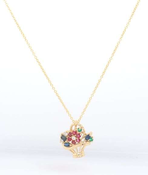 Amazing Yellow Gold Multi Gemstone Basket of Flowers Pendant on Chain