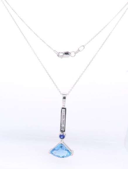 Pleasing White Gold Aquamarine, Sapphire and Diamond Pendant on Chain