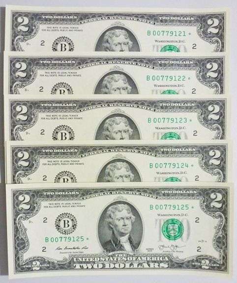 (5) Superb Crisp 2013 $2 Star Notes New York-Consecutive!