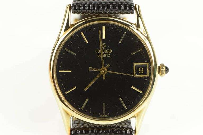 14K Concord Quartz Date Leather Band Vintage Men's Watch