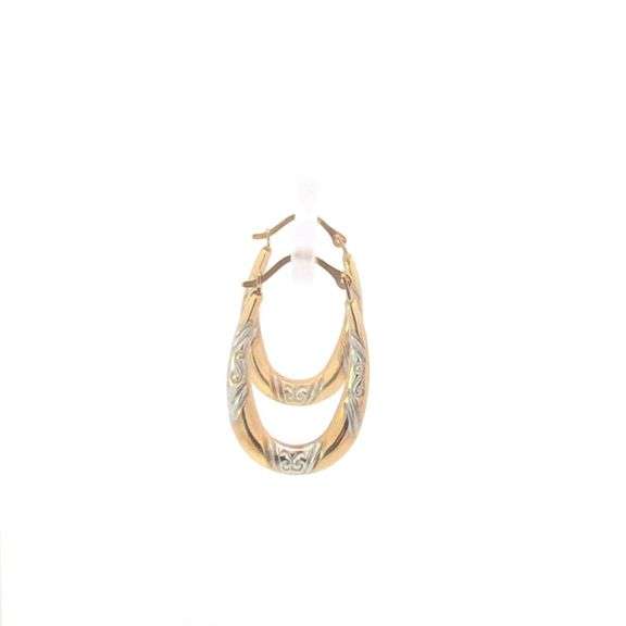 10K Yellow Gold 25.4mm Oval Puffy Two Tone Pattern Hoop Earrings
