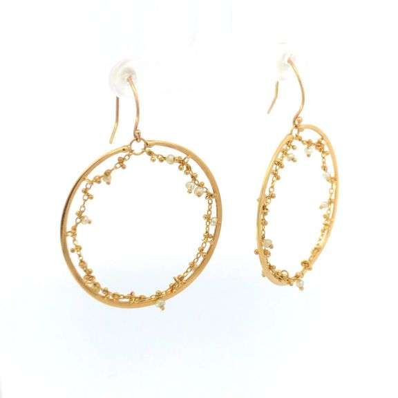 18K Yellow Gold Pearl Chain Draped Circle Dangle Boho Earrings