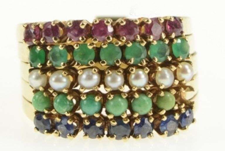 14K Yellow Gold 1960's Layered Emerald Ruby Sapphire Band Ring