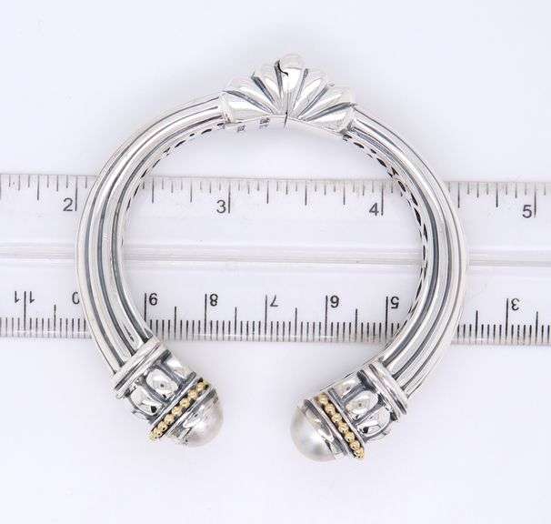 Lagos Caviar Hinged Cuff Bangle with Pearls