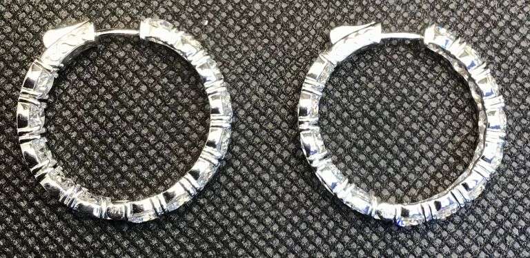STUNNING AND BREATHTAKING 14K WHITE GOLD IN AND OUT LAB DIAMOND HOOP EARRINGS