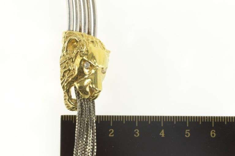 Sterling Silver Two Tone Lion Chain Fringe CZ Tassel Collar Necklace