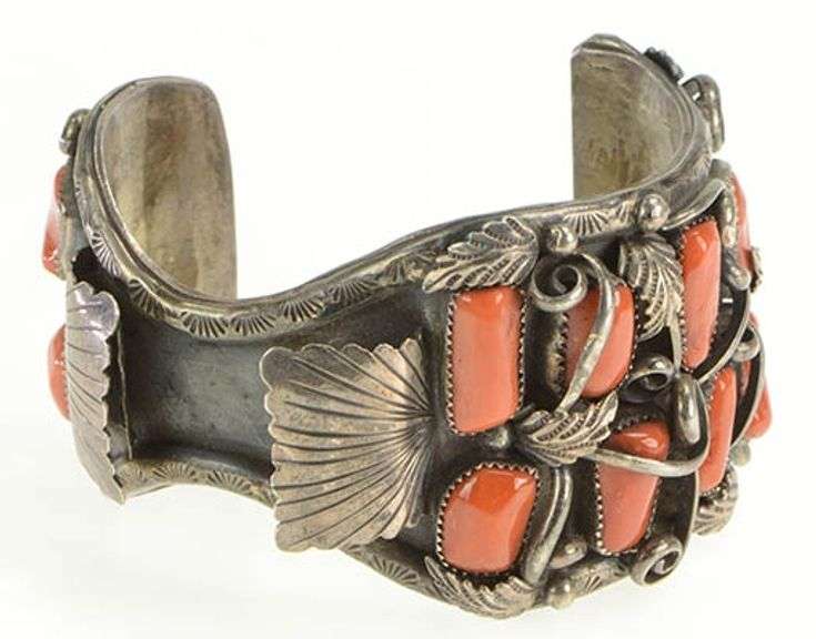 Sterling Silver Navajo Coral Jerry Wilma Begay Watch Cuff Bracelet