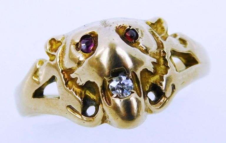 Antique 9K Gold Lion Ring with Gemstones, Size 5.75