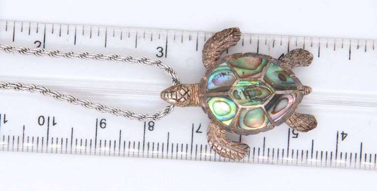Vintage 925 Sterling Silver Abalone Turtle Pendant on Italian Chain Necklace
