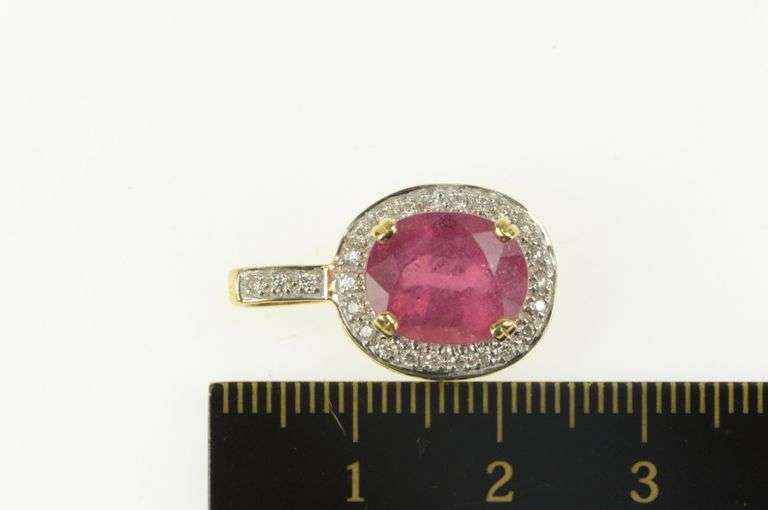 18K Yellow Gold 4.76 Ctw Natural Ruby Diamond Halo Designer Pendant