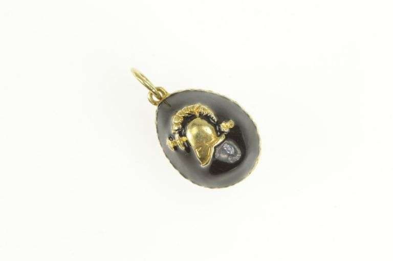 14K Yellow Gold Black Enamel Russian Helmet Soldier Egg Charm/Pendant