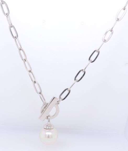 925 Sterling Silver Pearl Pendant on Paper Clip Link Chain