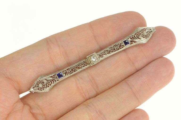 14K White Gold Art Deco Filigree Diamond Syn. Sapphire Pin/Brooch