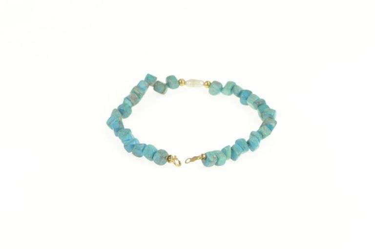 14K Yellow Gold Pearl Square Turquoise Beaded Statement Bracelet