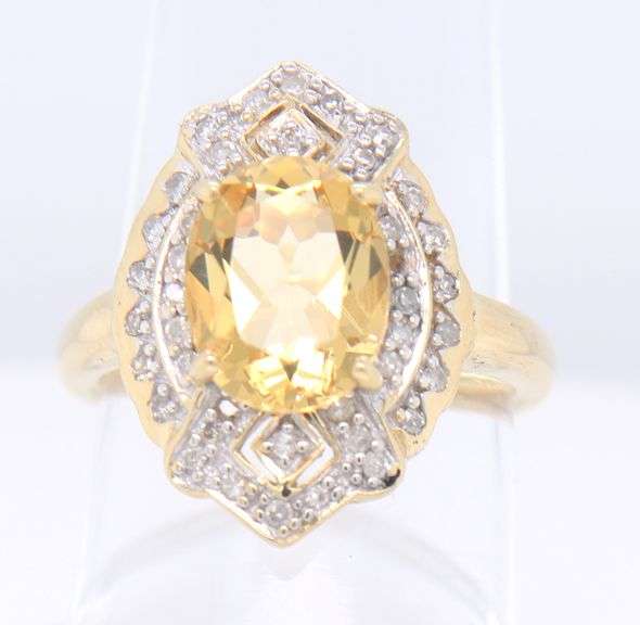Gorgeous Yellow Gold Oval Yellow Quartz in Diamond Deco Style Setting