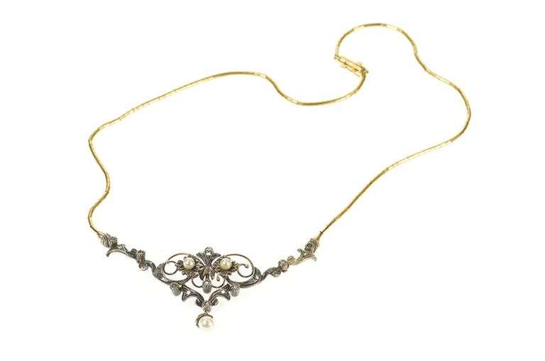 14K Yellow Gold Edwardian Diamond Pearl Scroll Pendant Necklace