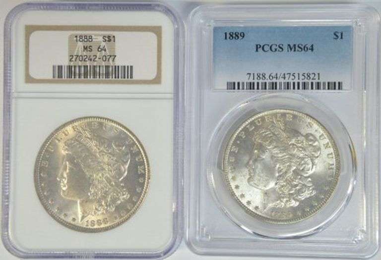 Near Gem BU 1888 & 1889 Morgan Silver Dollars. NGC & PCGS MS64