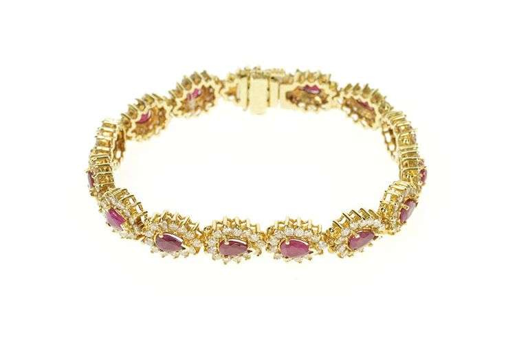 14K Yellow Gold 9.90 Ctw Pear Ruby Diamond Halo Tennis Bracelet