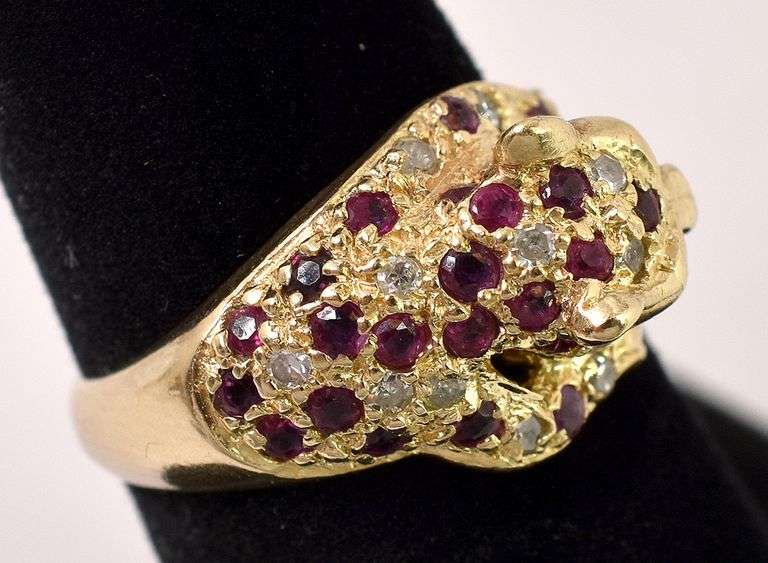 Fierce 14K Yellow Gold Big Cat Ruby and Diamond Ring