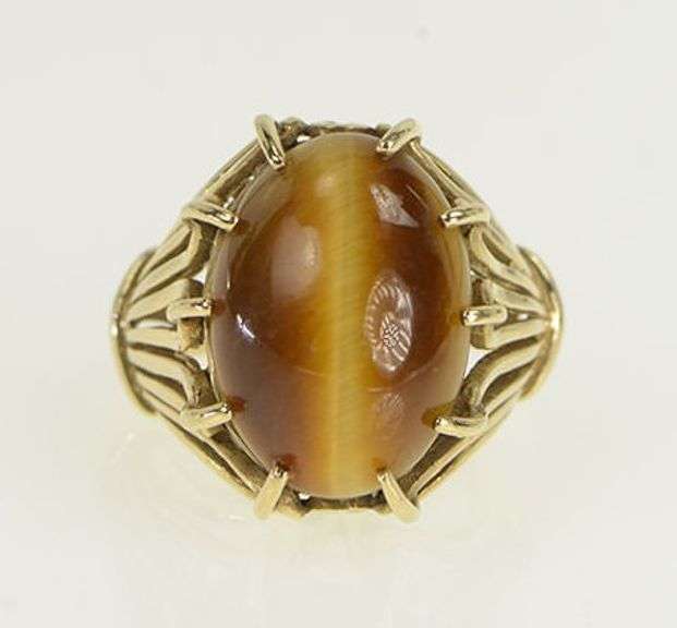 10K Yellow Gold 1960's Oval Tiger's Eye Retro Vintage Ring