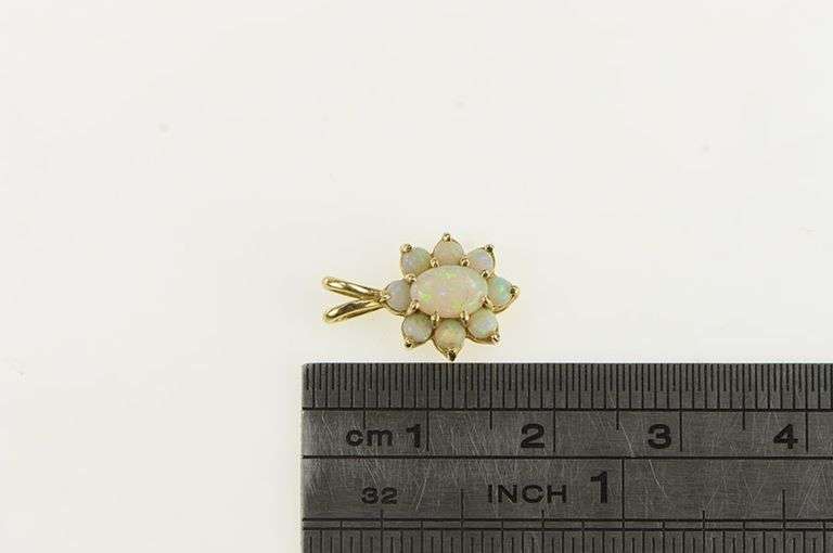 14K Yellow Gold Oval Natural Opal Halo Vintage Pendant