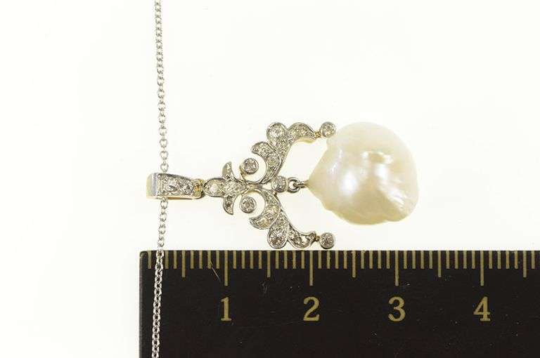 14K White Gold Victorian Pearl Ornate Diamond Statement Necklace