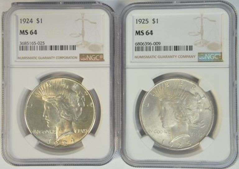 Near Gem BU 1924 & 1925 Peace Silver Dollars. NGC MS64