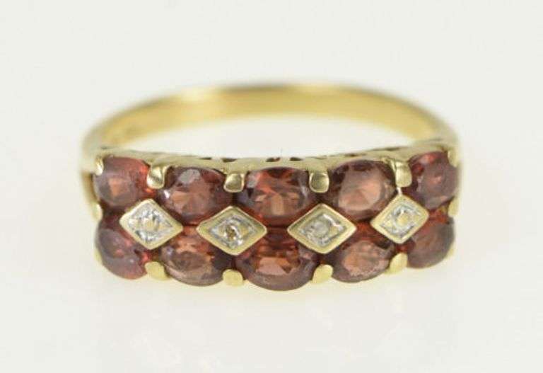 10K Yellow Gold Oval Garnet Diamond Squared Cluster Ring