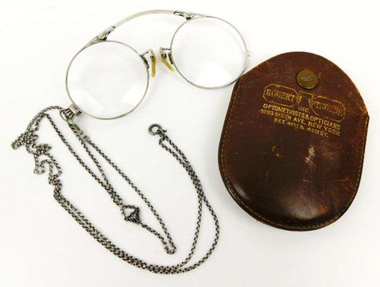 Antique Sterling Pince Nez Lorgnette & Leather Case
