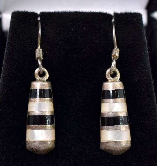 Sterling Silver Pearl and Onyx Inlay Dangle Earrings