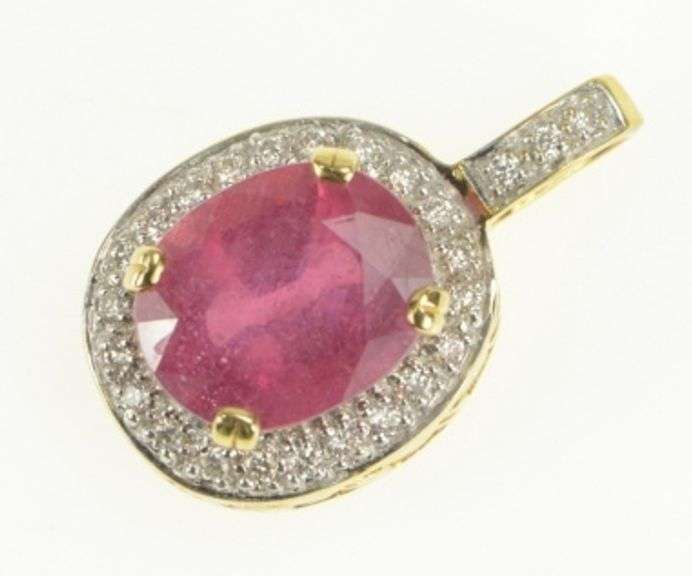 18K Yellow Gold 4.76 Ctw Natural Ruby Diamond Halo Designer Pendant