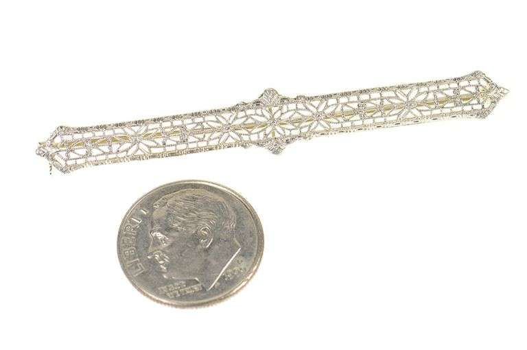 14K White Gold Art Deco Ornate Leaf Filigree Bar Pin/Brooch