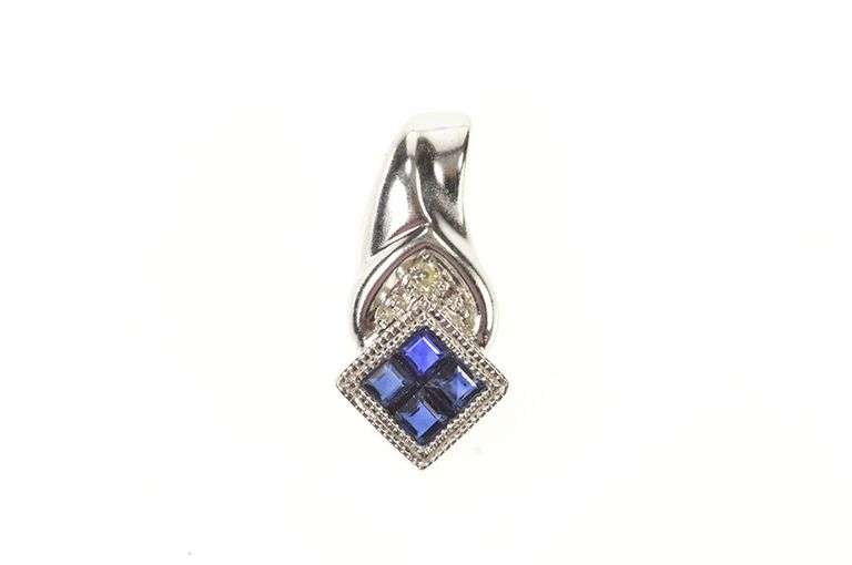 10K White Gold Princess Sapphire Cluster Diamond Accent Pendant