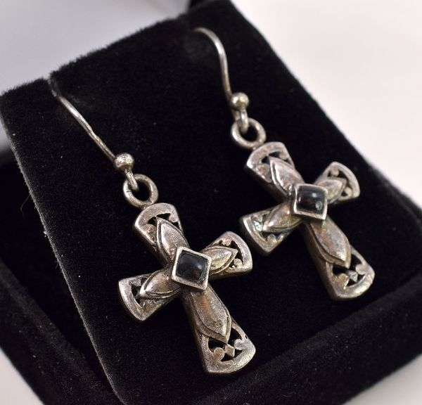 Sterling Silver Cross Black Onyx Dangle Earrings