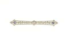 14K White Gold Art Deco Floral Filigree Diamond Sapphire Pin/Brooch