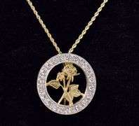 Astounding 14K Yellow Gold Diamond Rose Circle Pendant Necklace