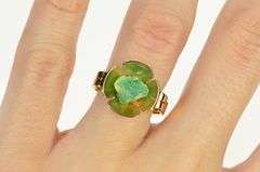 14K Yellow Gold Retro Ornate Raw Emerald Floral Motif Statement Ring