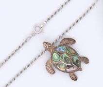 Vintage 925 Sterling Silver Abalone Turtle Pendant on Italian Chain Necklace