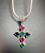 GORGEOUS 8.47 CT SAPPHIRE CROSS PENDANT WITH EMERALD AND RUBY ACCENT STONES