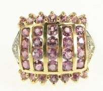 10K Yellow Gold Squared Pink Topaz Ornate Diamond Cluster Ring