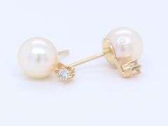 Lovely Yellow Gold 7mm Pearl and Diamond Stud Earrings