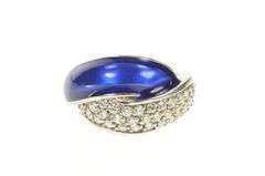 14K White Gold 0.85 Ctw Pave Diamond Blue Enamel Statement Ring
