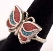 Sterling Silver Turquoise and Coral Butterfly Ring