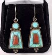 Sterling Silver Turquoise and Coral Dangle Earrings