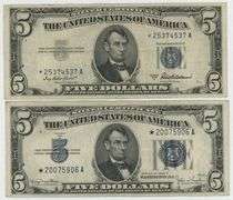Pair of $5 Blue Seal Silver Certificate STAR notes: 1934 & 1953