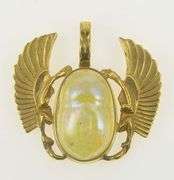 14K Yellow Gold Iridescent Glass Scarab Egyptian Life Symbol Pendant