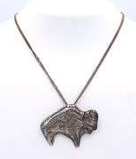 Vintage 925 Sterling Silver Buffalo Pendant Brooch on Chain Necklace