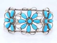Vintage 925 Sterling Silver Signed Turquoise Flower Style Cuff Bangle