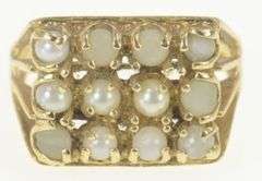 14K Yellow Gold Retro Squared Sim Pearl Cluster Statement Ring
