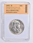 MS69 FBL 1951-D Franklin Silver Half Dollar Full Bell Lines SGS